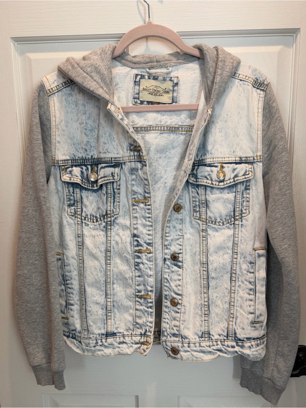 Acid Light Wash Denim Jean Jacket with Gray Hoodie & Sleeves - Women's Medium